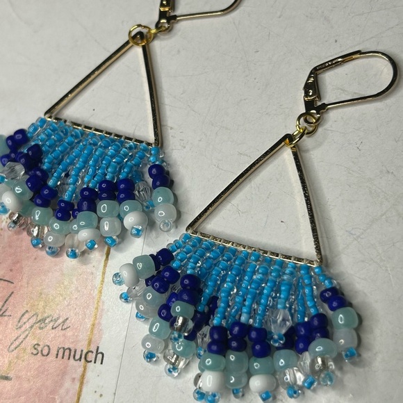Vibrant Blue Beaded Triangle Earrings - Picture 3 of 3